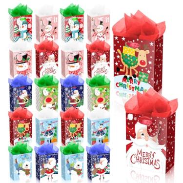Imagem de JWSCYSY Pacote com 60 sacos pequenos de presente de Natal com papel de seda e etiqueta, mini sacos de papel com alças sortidos, design fofo de Natal para embrulhar presentes de Natal.