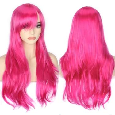 Imagem de PORSMEER Peruca de cabelo inteiro ondulado, longo de 70 cm/28 polegadas Charmosa, cosplay de anime, fantasia de Halloween, festa, perucas sintéticas resistentes ao calor para mulheres e meninas (rosa choque)