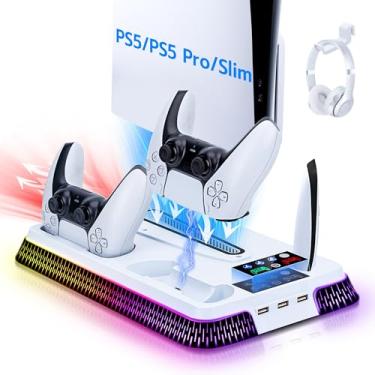 Imagem de Mcbazel Base de carregamento de resfriamento para PS5 Slim/Pro, suporte vertical multifuncional com ventilador de resfriamento RGB, carregador de controle duplo, suporte de fone de ouvido