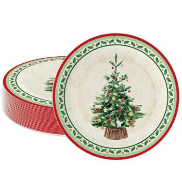 Imagem de LeZakaa 25 peças de pratos de papel de Natal, árvore de Natal com borda de azevinho, pratos de festa descartáveis, suprimentos de mesa, decoração de mesa para jantar e sobremesa, 23 cm