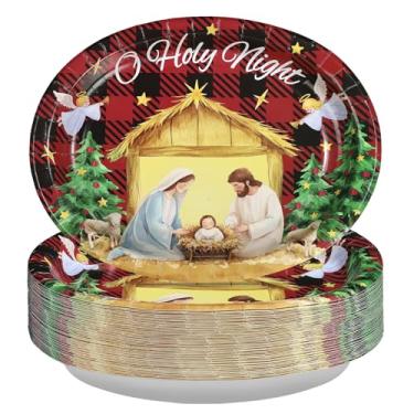 Imagem de 50 peças de pratos ovais xadrez de búfalo vermelho de Natal, 25,4 x 30,5 cm, grandes, descartáveis, resistentes, Happy Birthday Jesus, pratos de sobremesa, para Natal, Jesus, artigos de festa de
