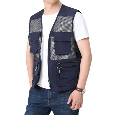 Imagem de Colete De Pesca Ao Ar Livre, Colete Casual Para Homem Com Vários Bolsos Malha Respirável Fecho Cargo Sem Mangas, Casaco De Trabalho Campismo Prova Vento Impermeável Aberto(Dark blue,5XL)