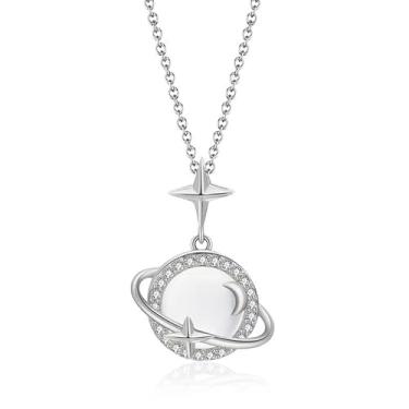 Imagem de DIAMANTIO Colar com pingente de planeta e estrela banhado a ouro 18 K – joia celestial de prata delicada com anel de Saturno brilhante e pingente de estrela para mulheres