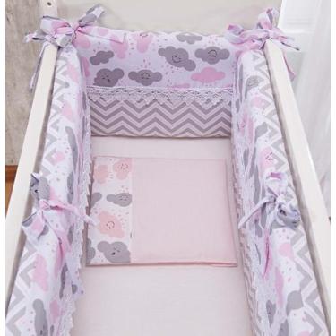 Imagem de Kit Enxoval para Mini Berço de Bebê Menina Chuva de Amor rosa e cinza 