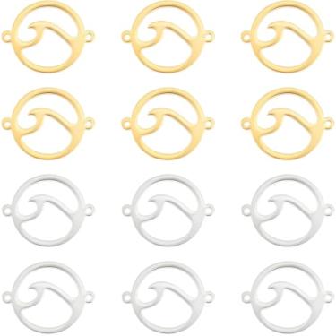 Imagem de 12 peças, 2 cores, pingentes de elos com padrão de onda vazada, 20 x 16 x 1,5 mm, pingentes de conector de aço inoxidável 201 para fazer joias, 1,4 mm, cor de aço inoxidável dourado