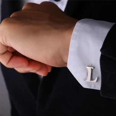 Imagem de Abotoaduras iniciais de aço inoxidável 26 abotoaduras de letra inicial do alfabeto camisas de casamento de negócios A-Z, One Size, Aço inoxidável, Sem Pedra Preciosa
