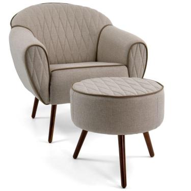 Imagem de Kit Poltrona com Puff Decorativo Pés Palito Nina D02 Tressê Bege Rústico D-470 - Lyam Decor