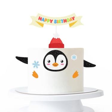 Imagem de Penguin Happy Birthday Cake Topper, Winter Penguin Face Baby Shower Cake Decor Set，Arctic Animal Theme Baby Shower Birthday Party Decorations