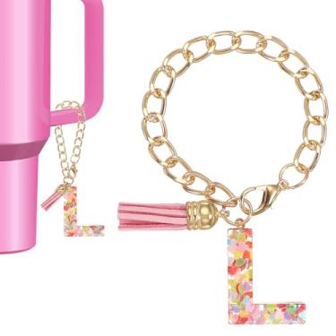 Imagem de Berloque de letras para copo Stanley Tumbler, lindos acessórios com pingente inicial L para Stanley Tumbler Handle chaveiro personalizado para mulheres, rosa