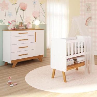 Imagem de Quarto de Bebê Completo Mini Berço 3 em 1 Cômoda 1 Portas Lisa 4 Gavet