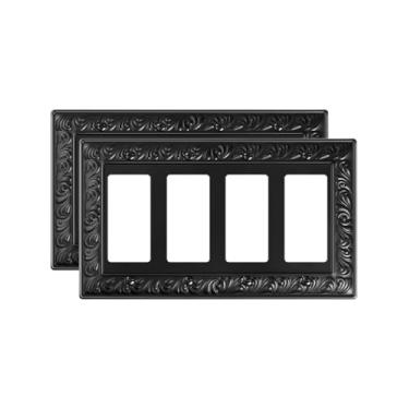 Imagem de TREEWELL Pacote com 2 placas de cobertura decoradora quádrupla, placas decorativas de interruptor e capas de tomada, 4 placas de parede de metal preto Gang, resistente à corrosão