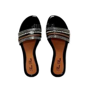 Imagem de Rasteirinha feminina tiras com strass sandália - ana reis, Preto, Marr