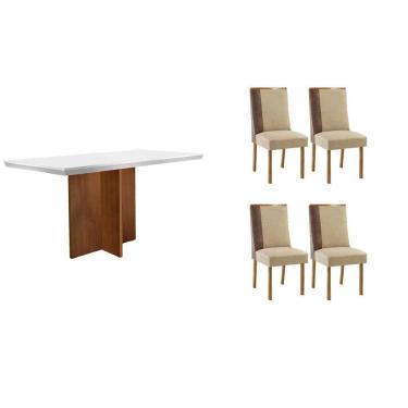 Imagem de Conjunto Sala de Jantar Berlim c/ Tampo Madeirado c/ Vidro Canto Curvo 120x80cm e 4 Cadeiras Tilia Madeira Maciça Naturale/Off White - Capuccino/Linho