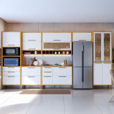 Imagem de Armário de Cozinha com Balcão e Tampo 14 Portas 6 Gavetas Pérola 100% Mdf Vidro Reflecta Amêndoa/Branco - Pnr Móveis