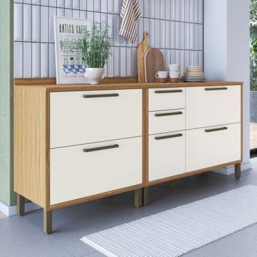 Imagem de Armário de Cozinha com Balcão e Tampo 3 Portas 4 Gavetas Pérola 100% Mdf Vidro Reflecta Amêndoa/Off White - Pnr Móveis