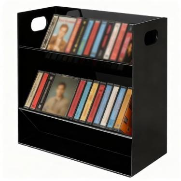 Imagem de Kathfly Suporte de fita cassete de acrílico transparente, moderno, 2 camadas, retrô, suporte de armazenamento de fita de áudio com alças recortadas para mesas prateleiras, salas de estar, estúdios e