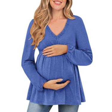 Imagem de Camisa de maternidade FMEYOA Blusa de manga comprida com decote em V a