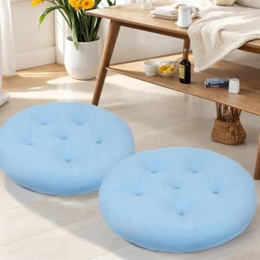 Imagem de YUNLUYE Conjunto de 2 almofadas de chão de meditação, almofadas grandes redondas para adultos, almofada de veludo cotelê tufado para sala de estar tatami, 55 x 55 cm FP-Lblue-R