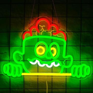 Imagem de hhuohuona Placa de neon de Halloween regulável zumbi letreiro verde zumbi decorações de Halloween com luz de cérebro vermelho exposto, terror, zumbis, decoração de janela interna
