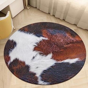 Imagem de Huryilo Tapete redondo de couro bovino com estampa de vaca tapete circular para decoração de quarto e banheiro 90 cm