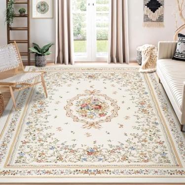 Imagem de Enkor Tapetes macios de área, 1,80 m x 2,5 m, lavável, antiderrapante, tapetes florais para sala de estar, quarto, estilo vintage, tapete de casa de fazenda para entrada de cozinha, flores bege