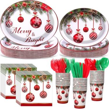 Imagem de Havawish Conjunto de utensílios de mesa descartáveis para festas de Natal, 350 peças, xadrez, búfalo, oval, pratos, copos, guardanapos, garfo, faca, colher para decoração de mesa de festa de Natal