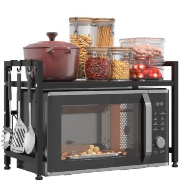 Imagem de Suporte extensível para forno de micro-ondas, prateleira de torradeira ajustável, rack resistente, organizador de bancada de cozinha de 2 níveis com 6 ganchos para cozinha