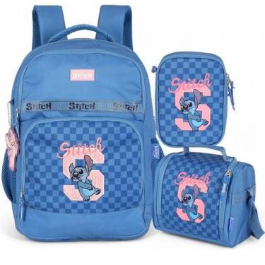 Imagem de Kit Mochila Escolar de Costas Lancheira e Estojo STITCH Xadrez Azul Lu