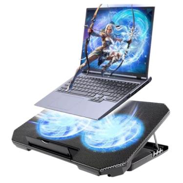 Imagem de Base Cooler para Notebook com 2 Ventoinhas Silenciosas LED Azul Ajustável em 8 Alturas, Suporte Ergonômico Resfriador Portátil, Compatível Notebooks 12 a 17 Polegadas, USB Extra, Leve e Resistente