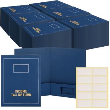 Imagem de Kisston 200 pastas de declaração de impostos a granel 2 bolsos folha dourada carimbada pastas de imposto de renda com etiquetas arquivo comercial escritório organizador em branco (azul)