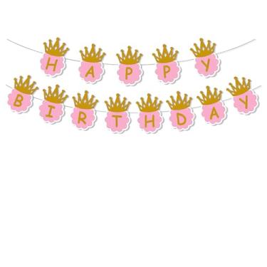 Imagem de Banner de feliz aniversário coroa dourada, decorações de banners de festa de aniversário real, suprimentos de festa de glitter reutilizáveis, decoração de festa de grinalda de princesa para crianças