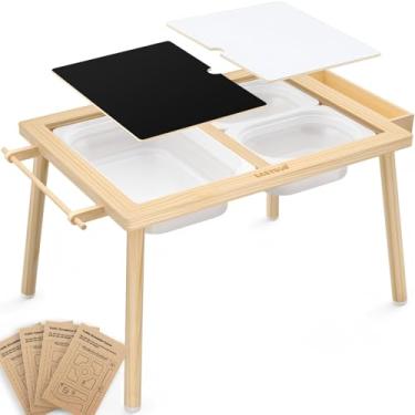 Imagem de Easyego Mesa sensorial de madeira – Mesa multifuncional de areia e água com tampa dupla face, rolo de papel, caixa de armazenamento, tabuleiro transparente e de jogo e caixas dobráveis para brincar em