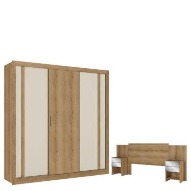 Imagem de Guarda Roupa Casal Ibiza 3 Portas Capuccino Cacau Off White Flex E Cabeceira Formosa Glass Capuccino  - Thb