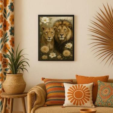Imagem de Quadro Arte Leão E Leoa Com Flores 24X18Cm - Com Vidro - Quadros On-Li