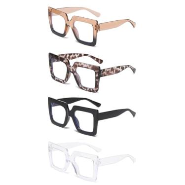 Imagem de ENSARJOE Óculos de armação quadrada transparente pacote com 3/4 - Óculos grandes de plástico sem receita, 4 peças - leopardo + champanhe + preto + translúcido