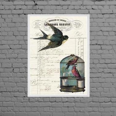 Imagem de Quadro Pássaro Com Gaiola Vintage 33X24Cm Madeira Branca - Quadros On-