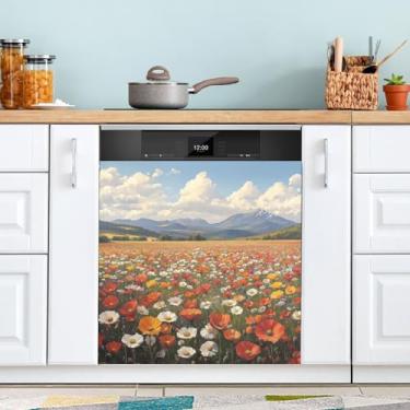 Imagem de ATTX Pintura a óleo vintage flores silvestres capa ímã máquina de lavar louça, 58 cm C x 66 cm A decoração da capa frontal da máquina de lavar louça, decalques de armário doméstico eletrodomésticos