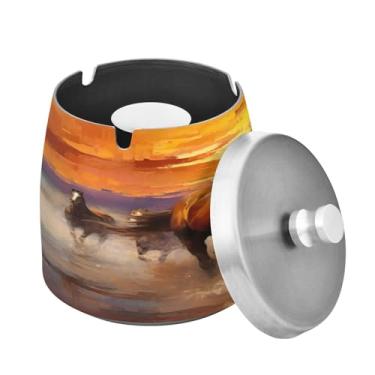 Imagem de Blueangle Cinzeiro vermelho laranja marrom cavalos com tampa para cigarros, à prova de vento/à prova de chuva, aço inoxidável, sem fumaça, inodoro, cinzeiro para uso interno ou externo (505)