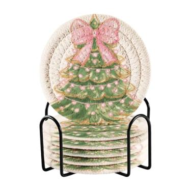 Imagem de Blueangle Porta-copos de 6 peças de árvore de Natal com laço rosa - tecido redondo super absorvente para proteção de mesa e decoração de casa (187)