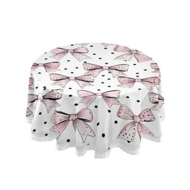 Imagem de SEHANY Toalha de mesa redonda com laço rosa de 152 cm, tecido lavável sem rugas, toalha de mesa decorativa de renda para restaurante, casamento, acampamento, festa de cinco de maio