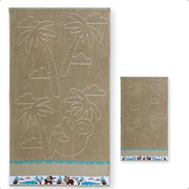 Imagem de KIt Toalha de banho e Toalha Lavabo Infantil Jaquard Com Barra Pinte e Borde (Marron Safari)