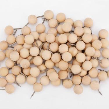 Imagem de 100un Alfinetes de Madeira, 20x10mm Alfinetes Mapa Cabeça Redonda para Quadro Avisos Cortiça Mapa Calendário Exposição de Fotografias Material Escritório(Castanho Claro)