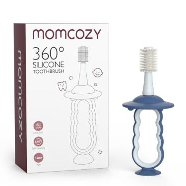 Imagem de Momcozy Escova de dentes para bebês, escova de dentes infantil de 1 a 2 anos, escova de dentes para bebês de 6 a 12 meses ou mais, limpador de língua, azul
