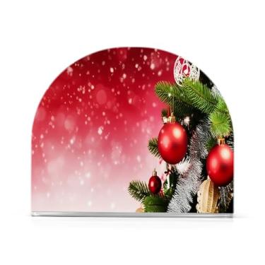 Imagem de Qilmy Suporte de guardanapo de acrílico com bola de Natal lindamente vermelha, porta-guardanapos para mesas cozinha restaurante decoração de casa, suporte decorativo moderno para guardanapos de