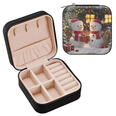 Imagem de Wassud Estojo de joias de viagem com cena de Natal na neve para mulheres, meninas, senhoras, noiva, mini organizador de joias de couro PU, caixa quadrada de armazenamento de joias para brincos, anéis
