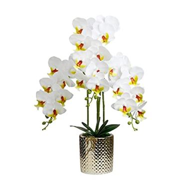 Imagem de LMJYU Flores artificiais com vaso colorido Orquídea Bonsai Phalaenopsis plantador falso para centros de mesa arranjos decoração lindas flores artificiais e Vas