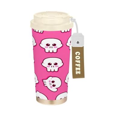 Imagem de STAYTOP Caneca de café de viagem com isolamento de caveira fofa de 500 ml, copo de café reutilizável de aço inoxidável com tampa flip à prova de vazamento à prova de vazamento para escritório, escola