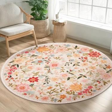 Imagem de Boho Tapete redondo floral de 1,2 m, lavável à máquina, bege, flor, verde, tapete redondo, antiderrapante, pêlo baixo, tapete para sala de estar, quarto, cozinha, sala de jantar, entrada