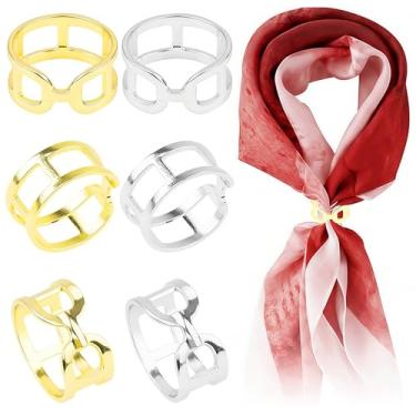 Imagem de 6 peças de anel de cachecol para mulheres, clipes de cachecol de ouro e prata, fivela deslizante de metal, corrente grossa, clipe de lenço de seda, minimalista, faixa larga, fivela, prendedor de xale