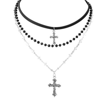 Imagem de Dhdfisd Colar gótico em camadas com cruz de couro preto gargantilha gótica emo grunge para mulheres, 15.7in, Metal, Sem Pedra Preciosa